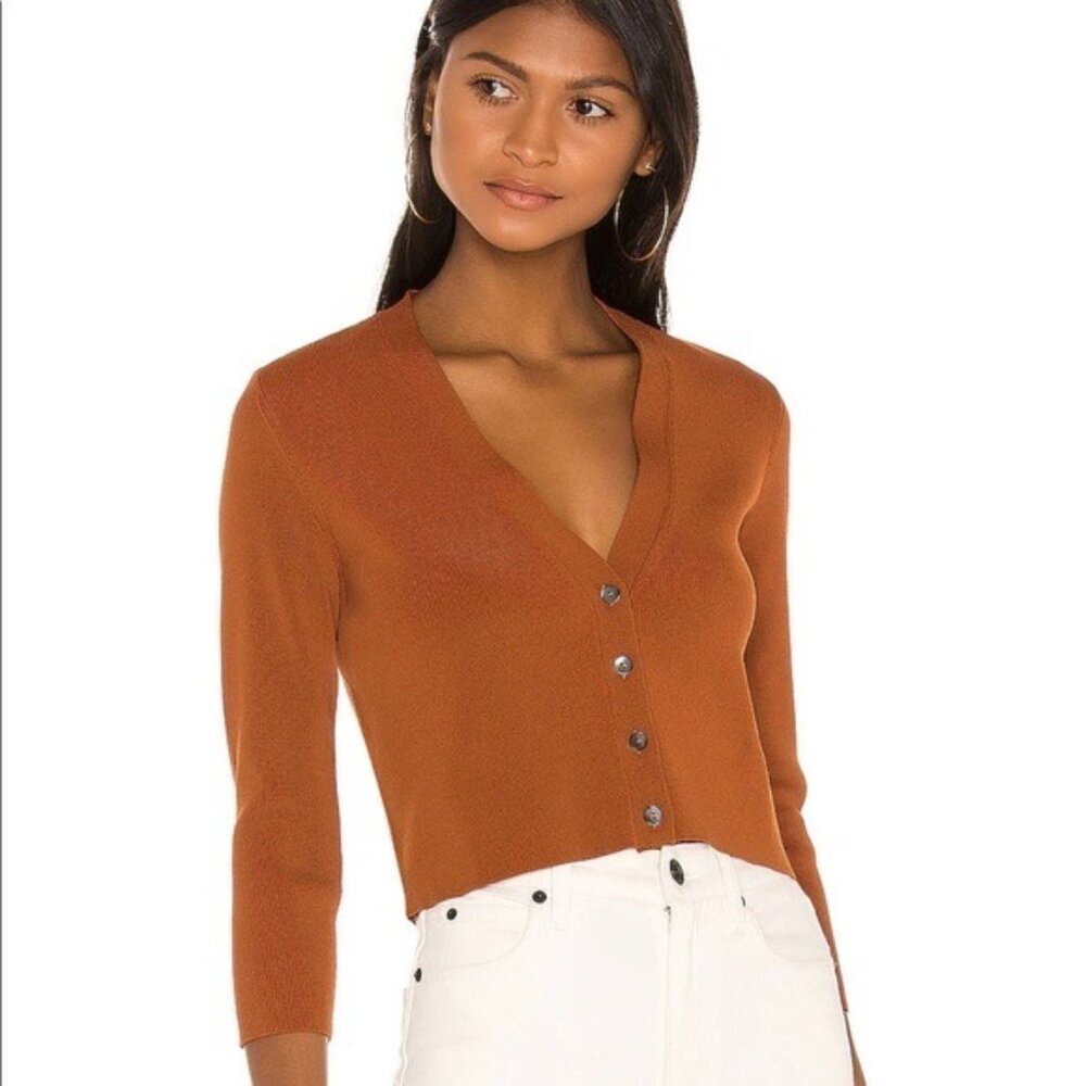 Y Alexis Burnt Orange V Neck Four Button Cropped Ribbed Petal Cardigan